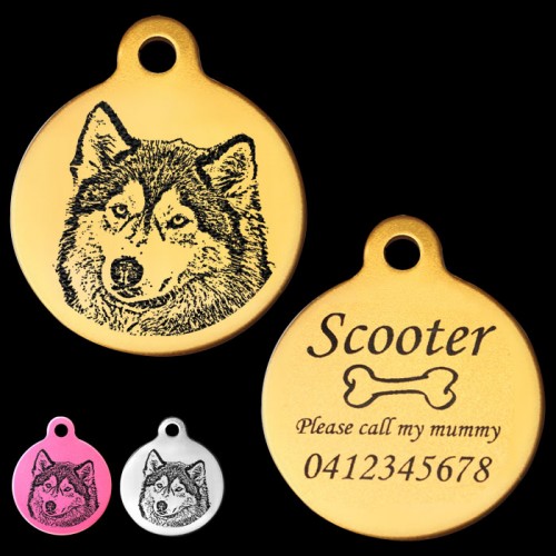 Alaska Husky Style B Engraved 31mm Large Round Pet Dog ID Tag